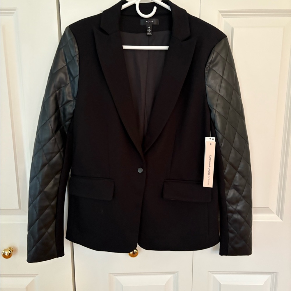 Aqua Black Faux Leather Quilted Sleeve One Snap Blazer